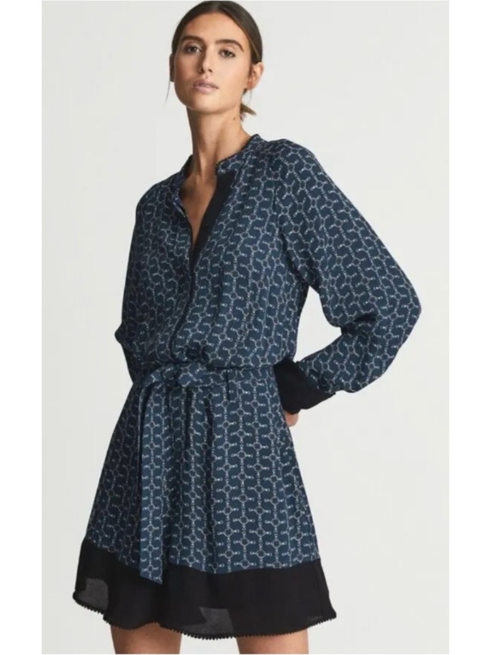 REISS | Viviyan Geometric Chain Printed Flippy Long Sleeve Tie Waist Dress Sz. 8